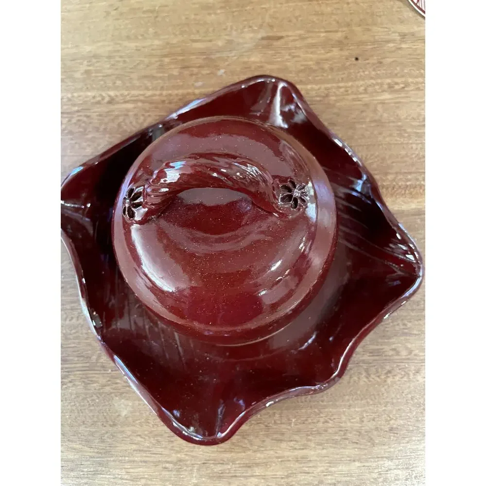 Vintage Handmade Studio Pottery Lidded Dish Deep Red Glaze Signed Artisan